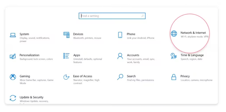 Figure 1: Windows 10 - Open Settings and select Network & Internet.