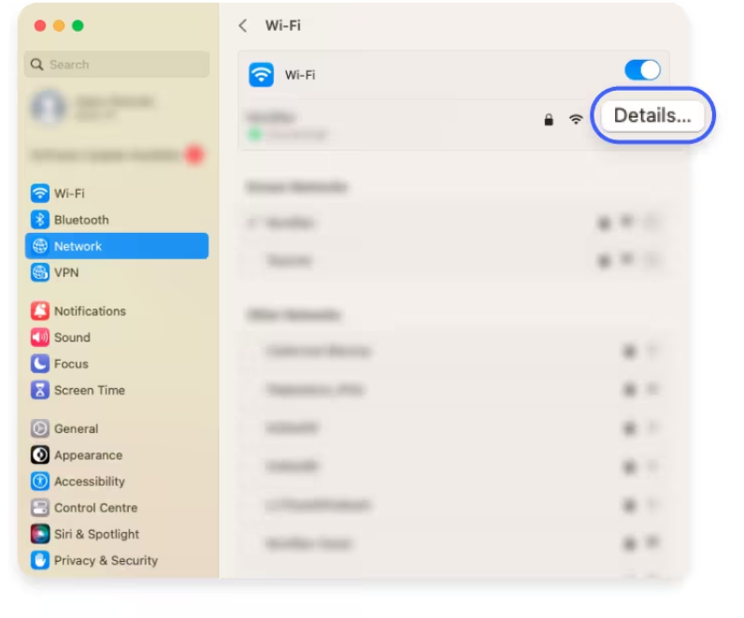 Figure 11: macOS - Click Details beside the connected Wi-Fi network.