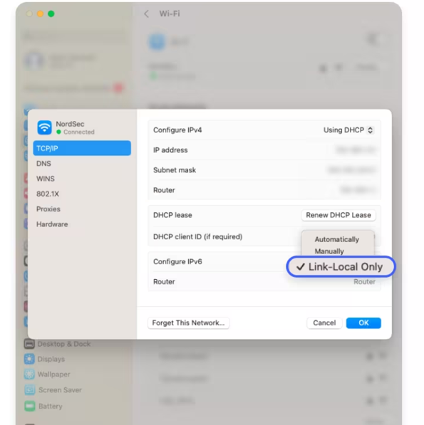 Figure 13: macOS - Select Link-local only to limit IPv6, or Automatically to enable it again.