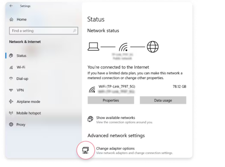 Figure 2: Windows 10 - Select Change adapter options from Status.