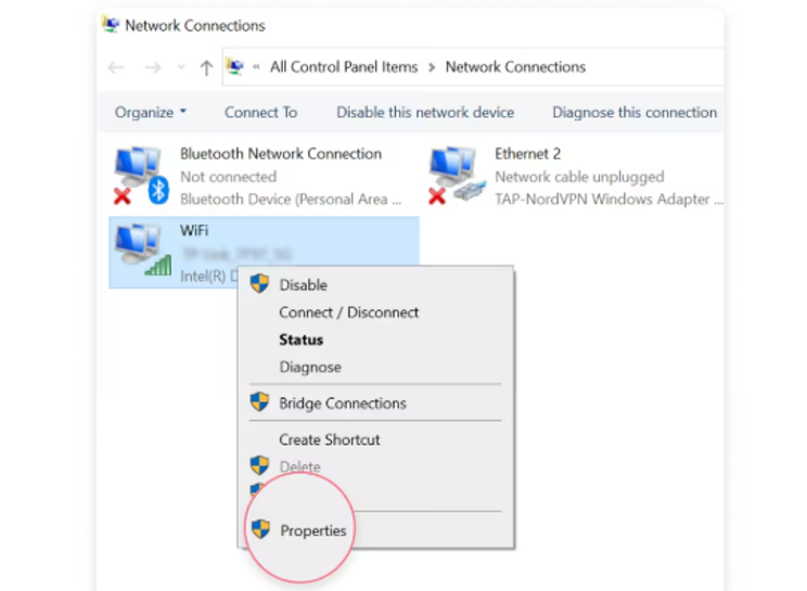 Figure 3: Windows 10 - Right-click the active adapter and select Properties.