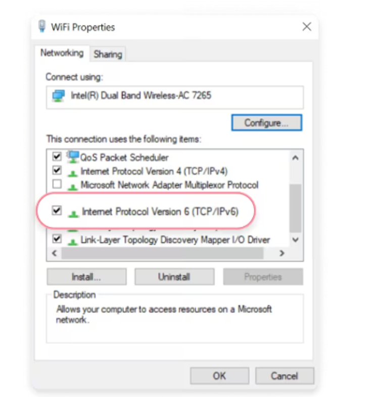 Figure 4: Windows 10 - Use the TCP/IPv6 checkbox to disable or enable IPv6.