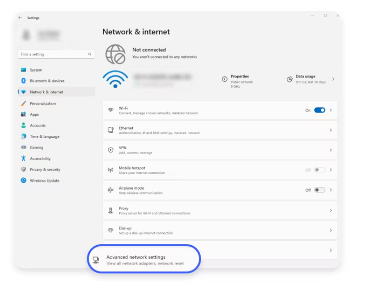 Figure 5: Windows 11 - Open Network & internet and select Advanced network settings.