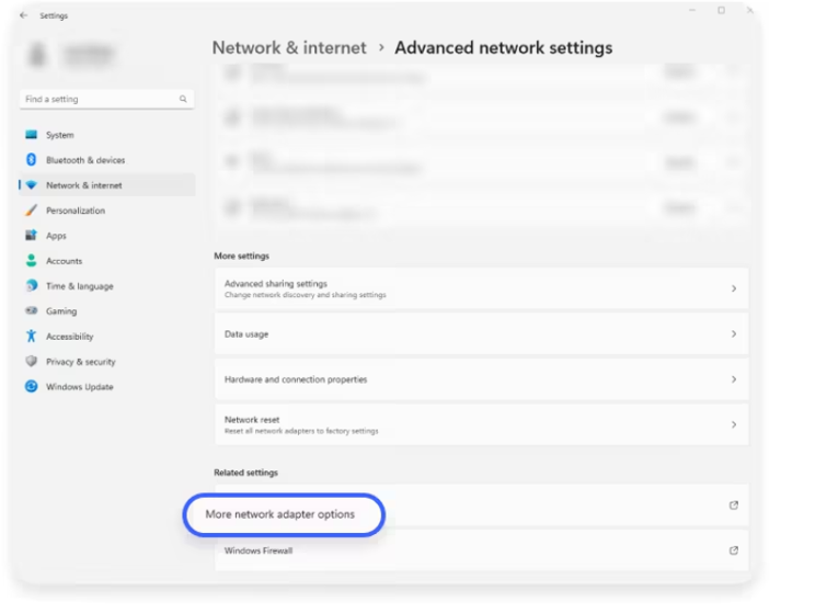 Figure 6: Windows 11 - Select More network adapter options.