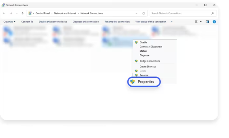 Figure 7: Windows 11 - Right-click the active adapter and select Properties.